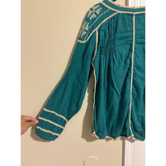 Sundance boho teal embroidered cotton top blouse - Picture 6 of 11